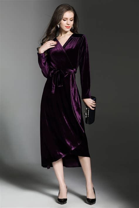Velvet Wrap V Neck Long Sleeve Midi Dress Atlasday Purple Midi Dress Designer Outfits Woman