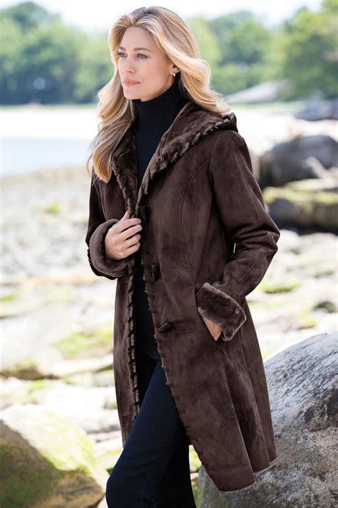 Faux Shearling 34 Length Hooded Coat Classic Womens Clothing From