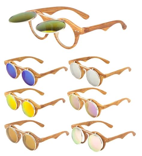 Wood Frame Cool Flip Up Sunglasses Clear Lens Nerd Retro Steampunk Round Vintage 795 Picclick