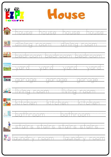 House Rooms Word Tracing Worksheet