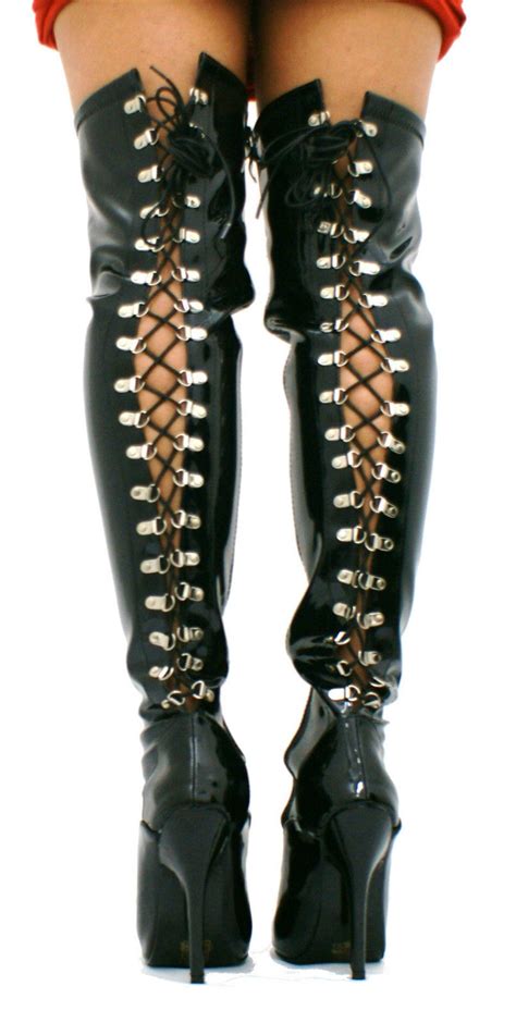 womens ladies fetish kinky sexy thigh high hook lace up boots size 3 4