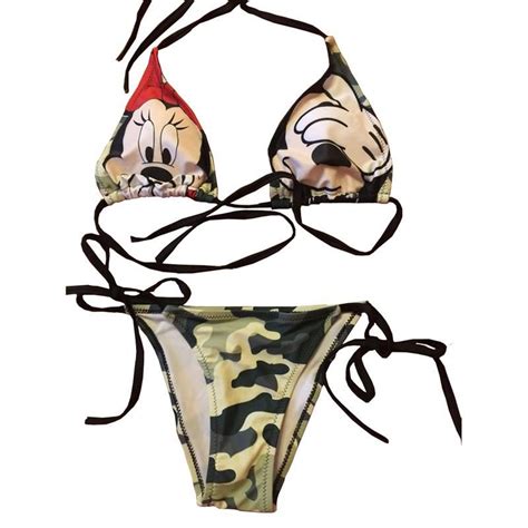 Womens Mickey Cartoon Print Sling Thongs Triangle Bikinis Set Swimwear