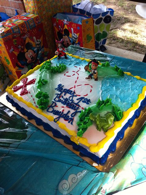 Captain hook and the pirates have hidden treasure on the island of neverland. Pirate treasure map cake...added jake and Neverland pirates character toys | Treasure map cake ...