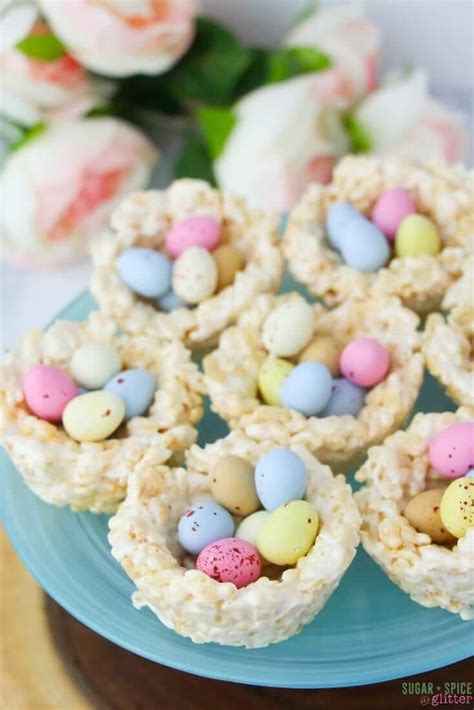 Easy and quick to make and. Easy no-bake Easter dessert for kids, these Mini Egg Rice Krispie Nests are quick and fun to ...