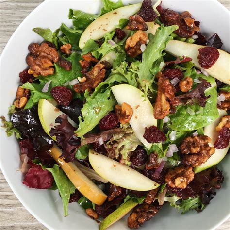 Green Salad With Candied Walnuts Fresh Pears And Balsamic Vinaigrette
