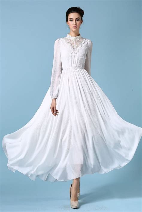 Kaftan Women Vintage Elegant White Chiffon Embroidered Long Sleeve Maxi Dress Elegant White