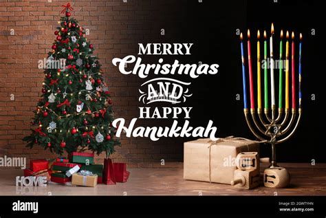 Beautiful Greeting Card For Happy Hanukkah And Merry Christmas Stock