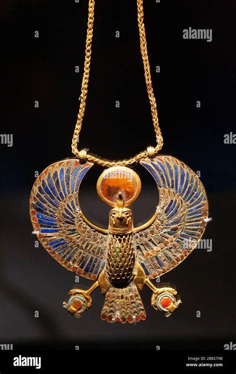 Tutankhamun Treasures Gold Inlaid Falcon Chest Pendant With Gold Chain
