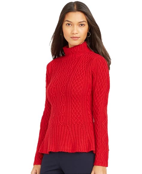 Lauren By Ralph Lauren Mock Turtleneck Cable Knit Peplum Sweater In Red