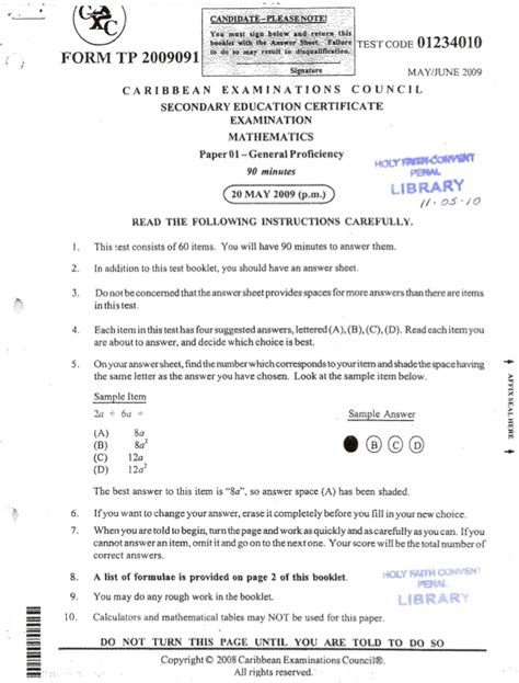 Csec® additional mathematics specimen papers. CXC -maths-2009-p1