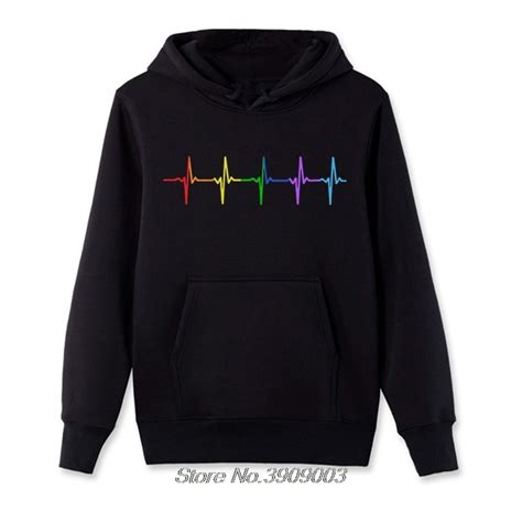 Mens Hot Sale Fleece Hoodies Rainbow Pulse Heartbeat Sweatshirt Lbgt