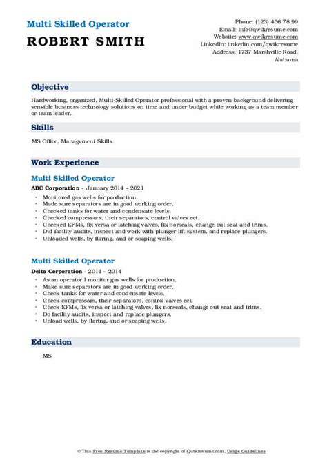 Multi Skilled Operator Resume Samples Qwikresume