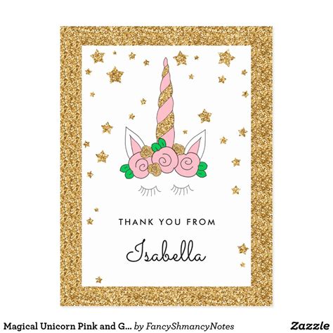 Magical Unicorn Pink And Gold Glitter Thank You Postcard This Sweet