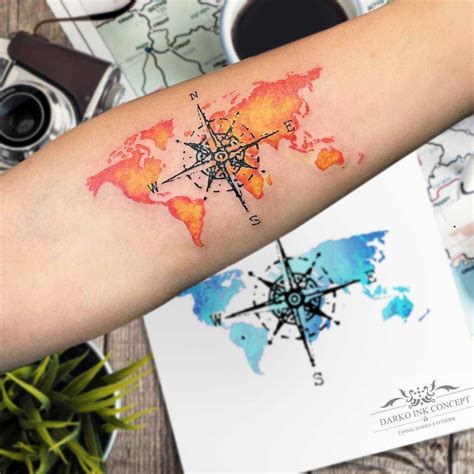 Compass And Watercolor World Map Tattoo By Tansel Darko World Map