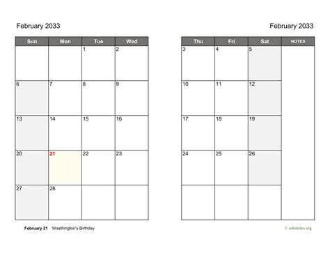 February 2033 Calendar On Two Pages