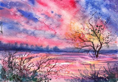 Colorful Watercolor Paintings Of Radiant Trees In Nature