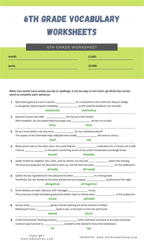 6th Grade Vocabulary Worksheets In 2023 Worksheets Free