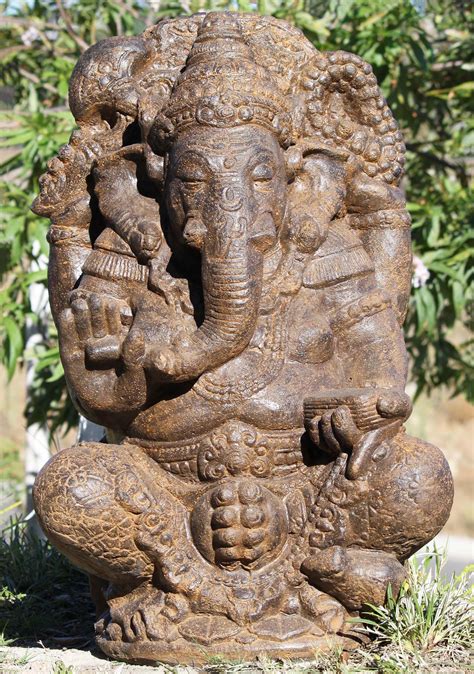 Sold Stone Seated Abhaya Ganesha Garden Statue 32 105ls448z Hindu