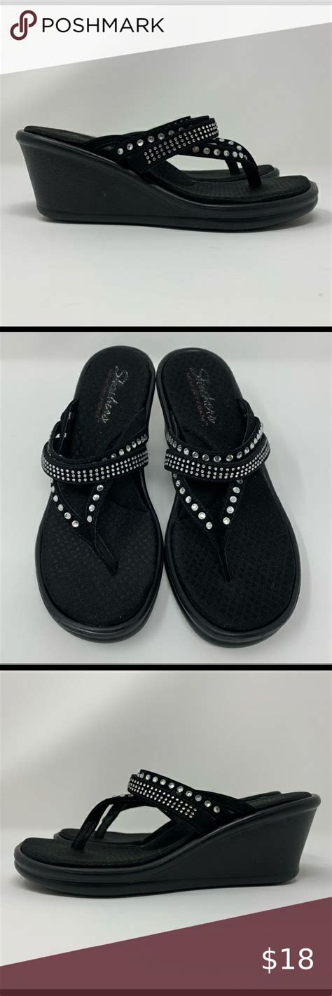 Skechers Black Wedge Sandal With Rhinestones 6 Black Wedge Sandals Womens Shoes Wedges Wedge