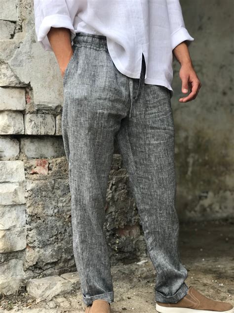 Mens Linen Pants Linen Trousers Drawstring Elastic Waist Etsy Uk