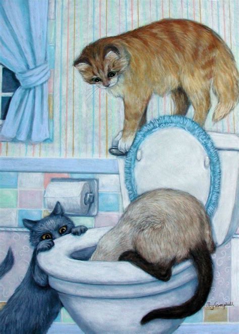 Cats Kittens Flush Toilet Funny Aceo Print From Original Oil By Joy