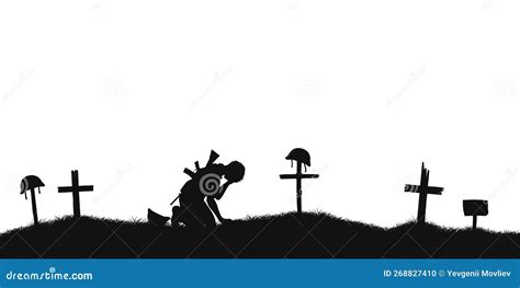 Crying Soldier On War Cemetery Black Silhouette Of Battle Scene Stock