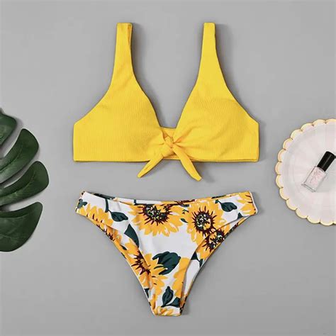 women sexy two pieces bikini set bow sunflower stripe printed padded push up bikini swimwear