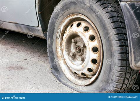 Flat Tire Of Old Car Stock Image Image Of Breakdown 131591353