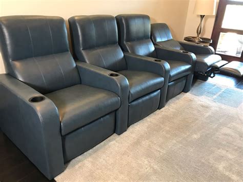 We let you watch movies online. (4) Blue Leather Reclining Movie Theater Seats 124W X 36D ...