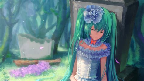 Anime Vocaloid Sleeping Closed Eyes Twintails Aqua