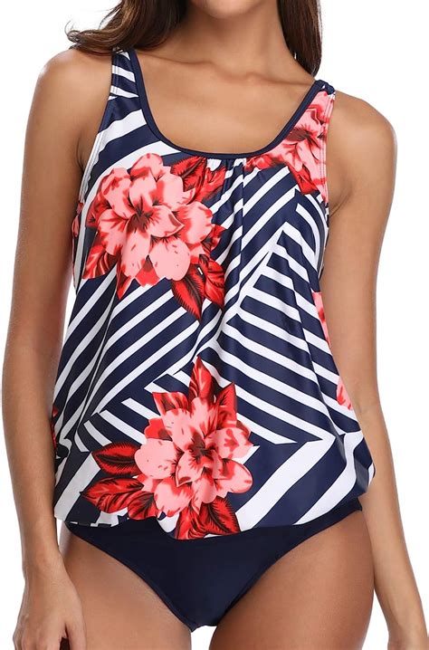 Yonique Floral Blouson Tankini Swimsuits For Women Blue Bathing Suits Two Piece Striped Loose