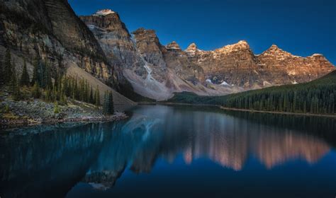 Body Of Water Near Trees Mountains Moraine Lake Canada Sunset Hd