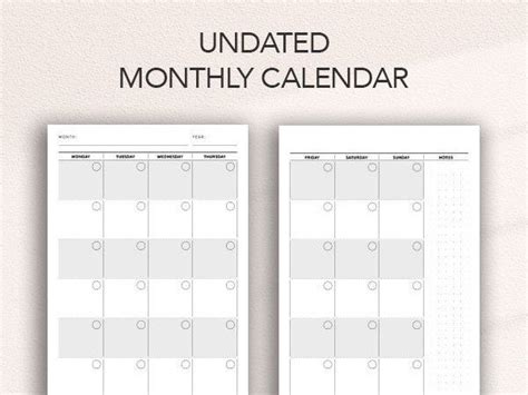 Undated Monthly Calendar Planner Insert Printable Pdf Blank