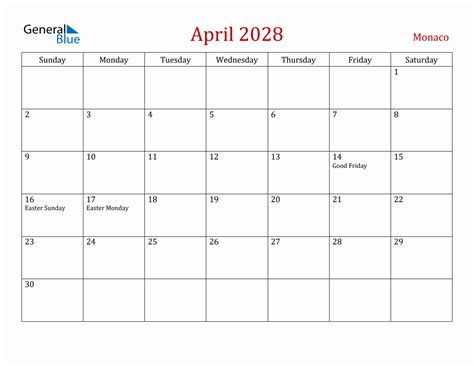 April 2028 Monaco Monthly Calendar With Holidays