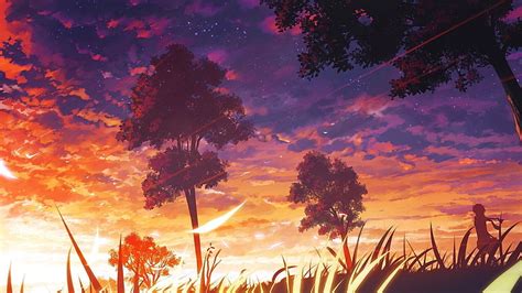 Hd Wallpaper Purple Anime Cherry Trees Shrine Landscape