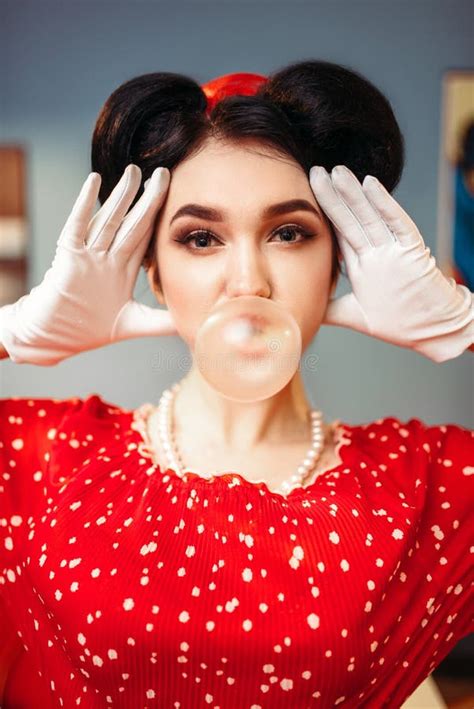 Pin Up Girl With Make Up Inflates The Bubble Gum Stock Image Image Of