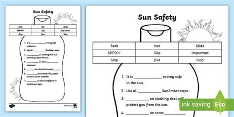 Sun Safety Cloze Worksheet Sun Safety Teacher Worksheets