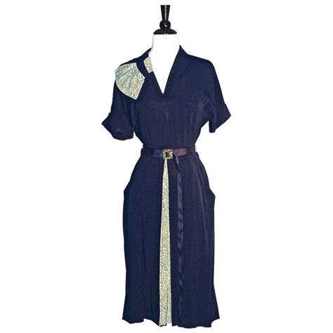 1930s Deco Print Dress Navy Silk Crepe Day Dress With Green Deco