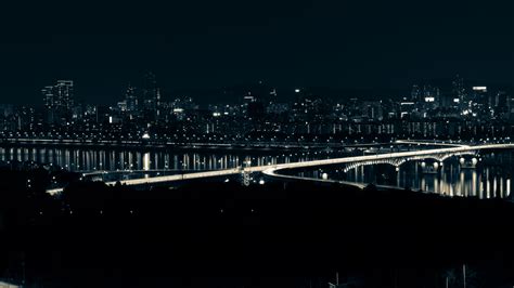 Download Wallpaper 3840x2160 Night City Bridge Glow Dark Aerial