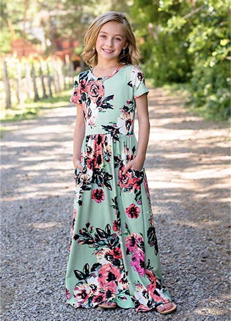 21kids Girl Maxi Dress Floral 34 Long Sleeve Dresses With Pocket For