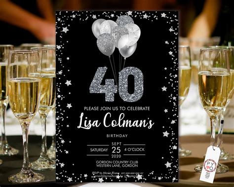 Diy 40th Birthday Balloons Invitation Printable Template Black Silver