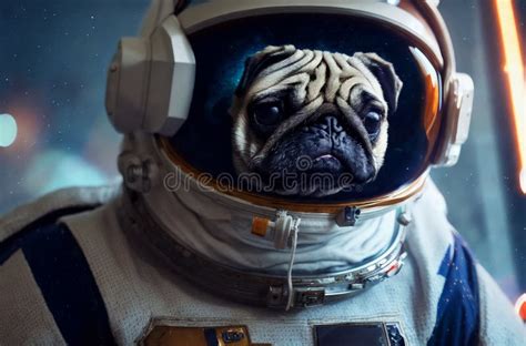 Pug In Spacesuit Portrait Of Wrinkled Dog In Cosmic Outfit In Space