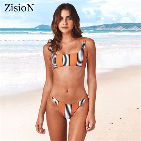 zision 2018 sexy swimsuit striped bikini set women two piece swimwear female bathing suit thong