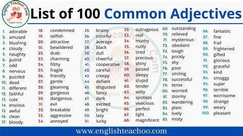 List Of 100 Common Adjectives Englishteachoo
