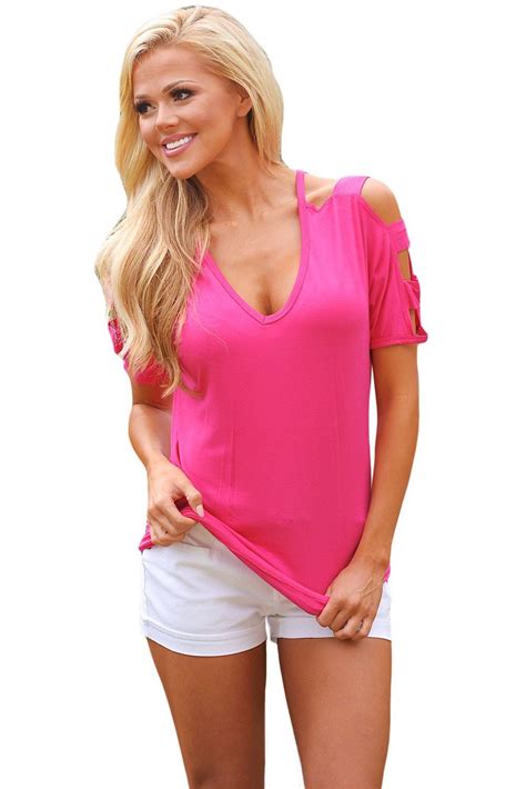 Rosy Cold Shoulder Ruched Sides T Shirt Women Shirts Blouse T Shirts