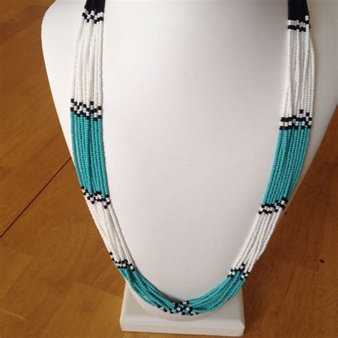 Navajo Style Beaded Necklace Seed Beads Of Turquoise White And Brown