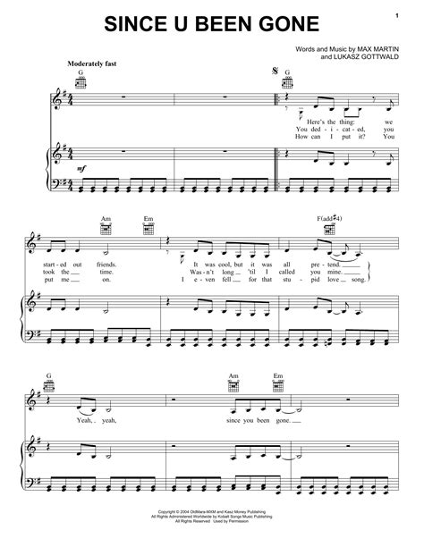 since u been gone sheet music by kelly clarkson piano vocal and guitar right hand melody 51858
