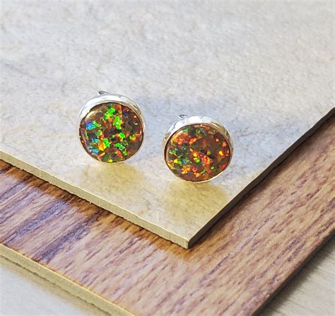 Stud Earring Mm Round Red Fire Opal Lab Created Opal Best Etsy