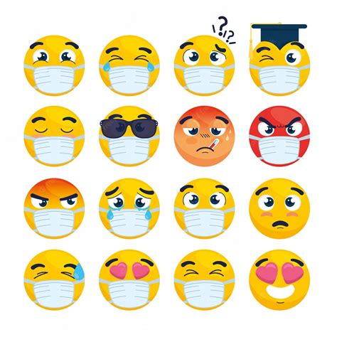 Premium Vector Set Of Emoji Wearing Medical Mask Yellow Faces With A