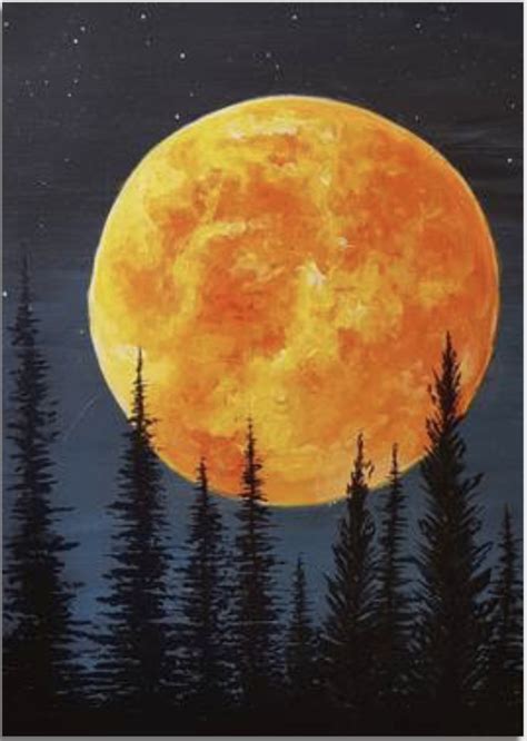 A Painting Of A Full Moon With Pine Trees In The Foreground